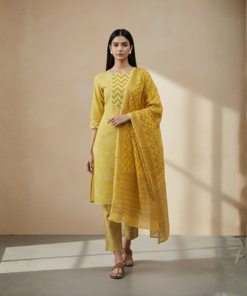 Yellow Colour Kurti Pant Dupatta Set