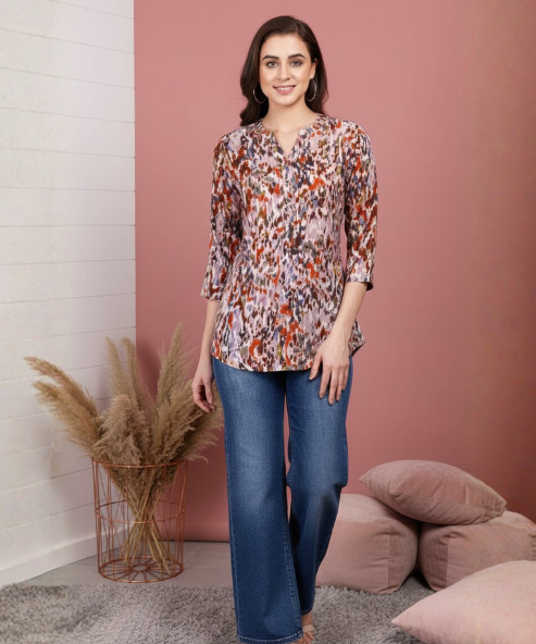 Brown Multi Colour Printed Viscose Tunic Top