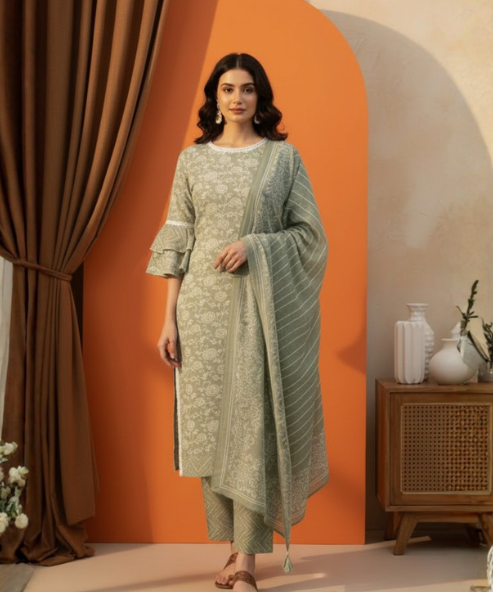 Green Colour Kurti Pant Dupatta Set