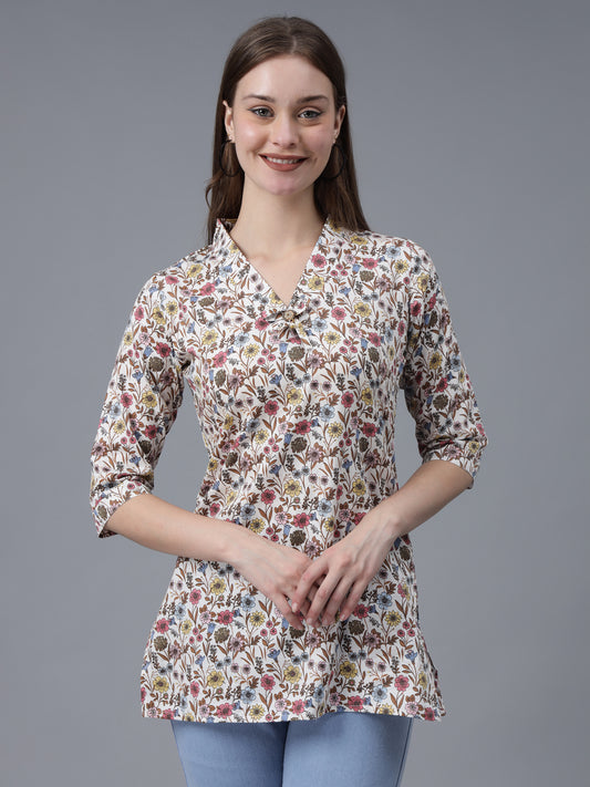 Off White Multi Colour Printed Cotton Tunic Top