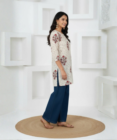 Off White Printed Rayon Tunic Top