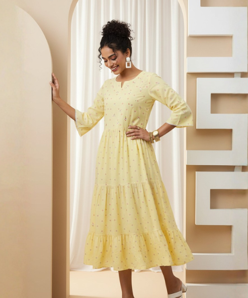 Yellow Colour Embellished Cotton Dress