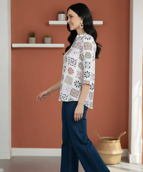 Off White Printed Viscose Tunic Top