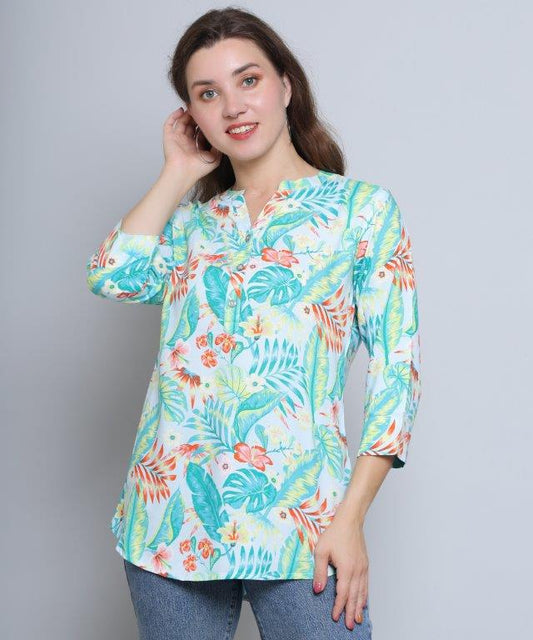 Sea Green Colour Multi Printed Modal Tunic Top