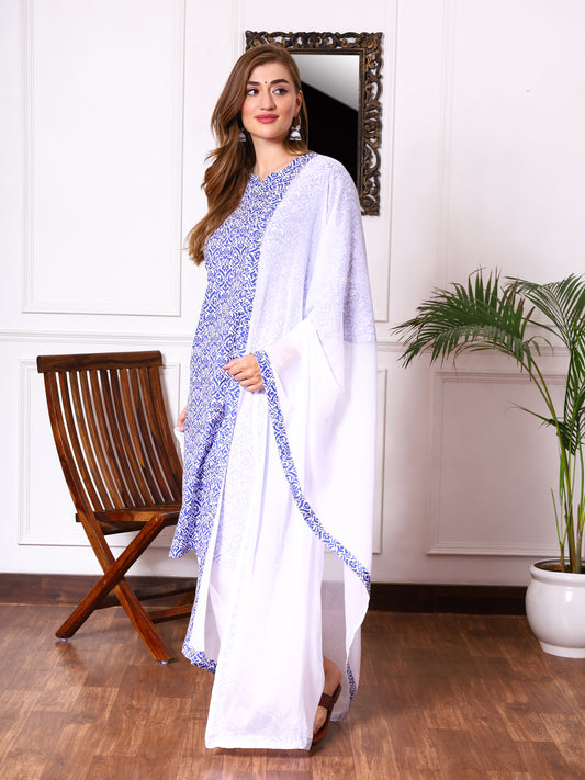 Blue and White Kurti Pant Dupatta Set