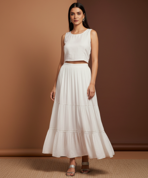 White Colour Embellished Cotton Skirt