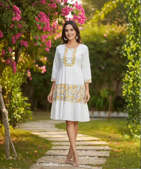 White Colour Embroidered Cambric Cotton Dress