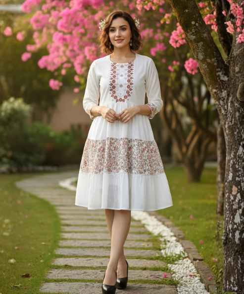 White Colour Embroidered Cambric Cotton Dress