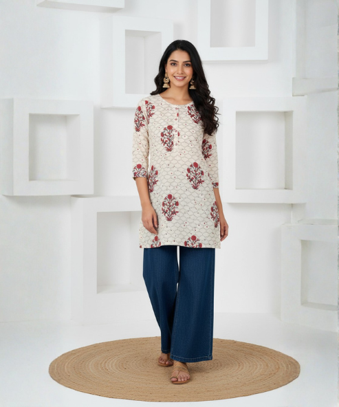 Off White Printed Rayon Tunic Top