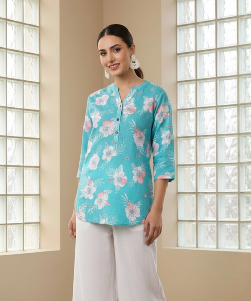 Turquoise Blue Printed Viscose Tunic Top