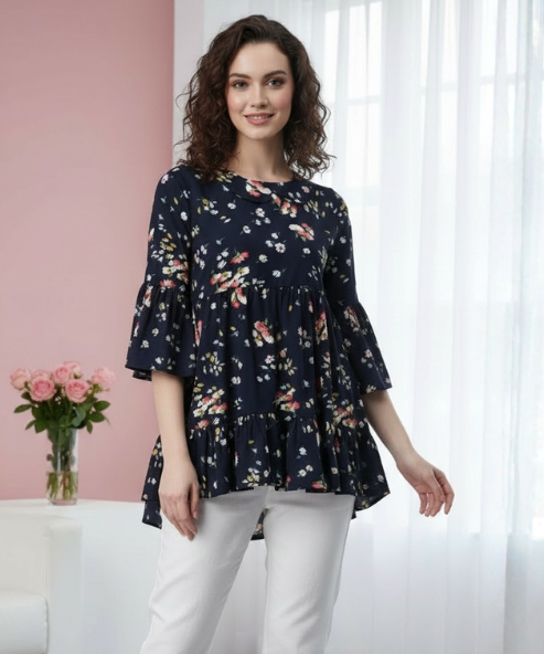 Navy Blue Printed Crepe Top