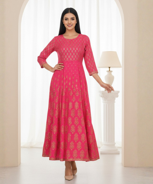 Magenta Pink  Embellished  Long Dress