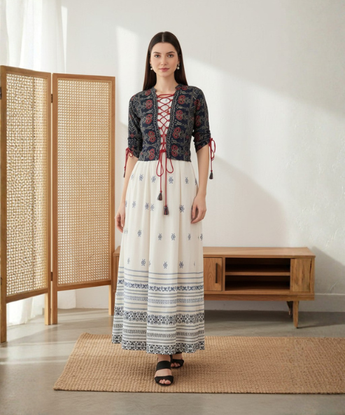 Blue White  Long Dress With Shrug