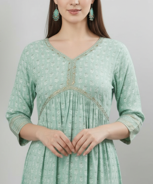 Light Green Colour Embellished  Cotton Dress