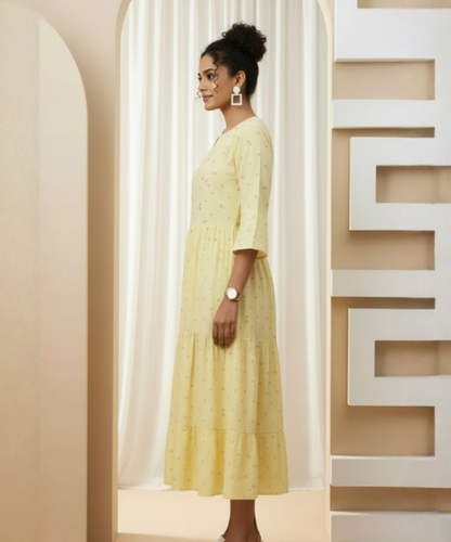 Yellow Colour Embellished  Cotton Dress