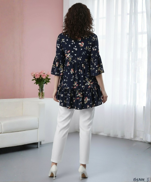 Navy Blue Printed Crepe Top