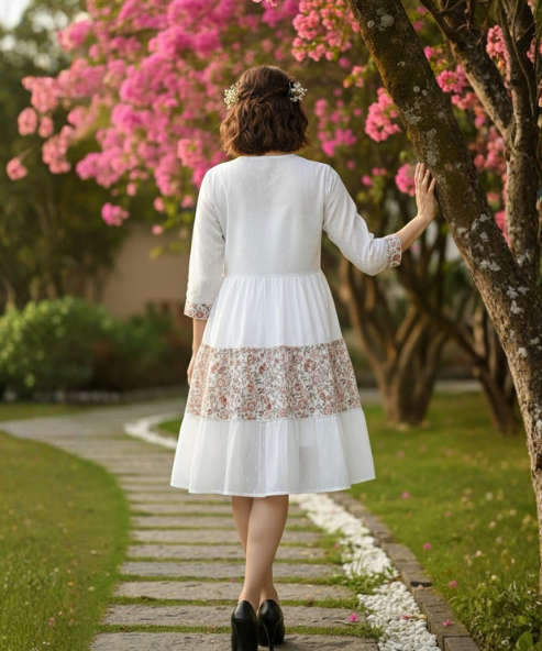 White Colour Embroidered Cambric Cotton Dress