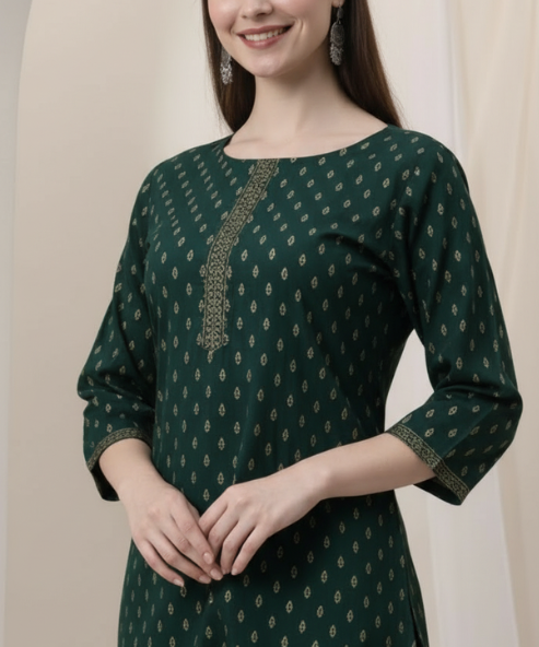 Green Printed Cotton Kurti