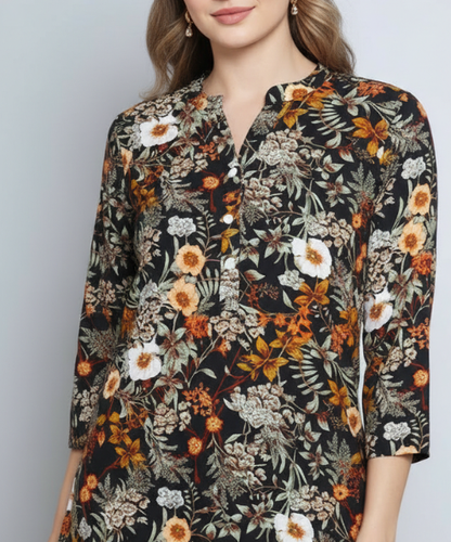 Black Colour Multi Printed Modal Tunic Top