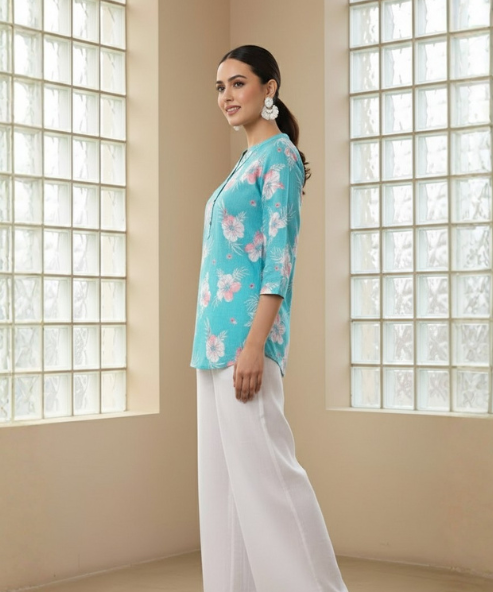 Turquoise Blue Printed Viscose Tunic Top