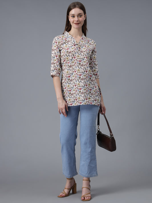 Off White Multi Colour Printed Cotton Tunic Top