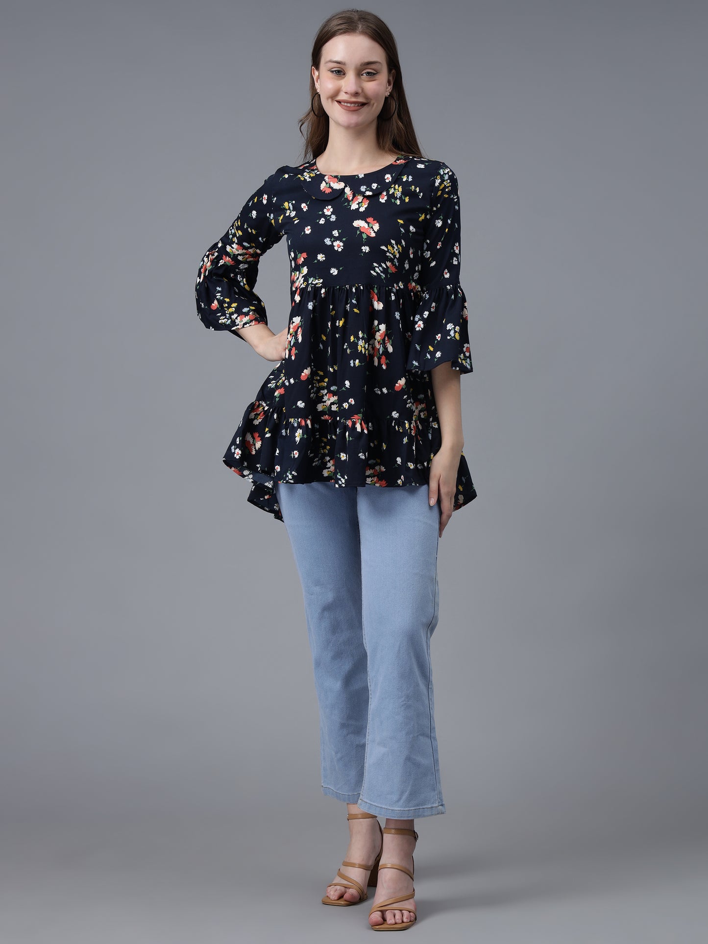 Navy Blue Printed Crepe Top