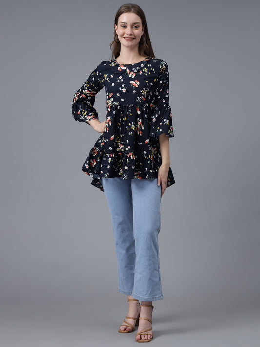 Navy Blue Printed Crepe Top