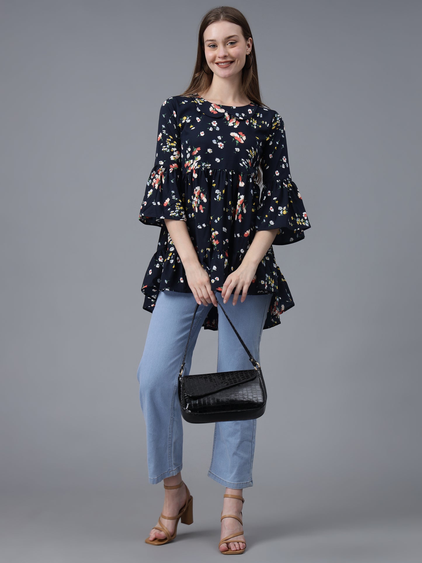 Navy Blue Printed Crepe Top