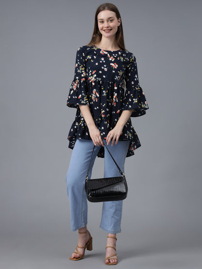 Navy Blue Printed Crepe Top