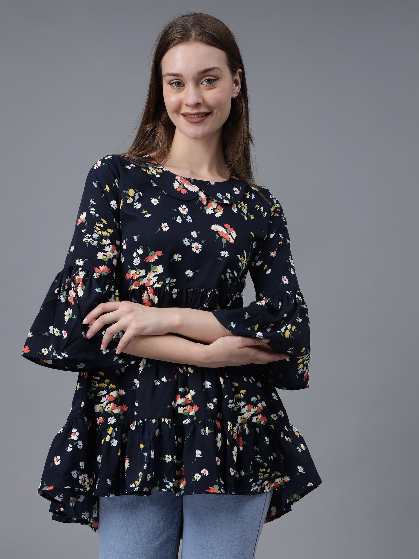 Navy Blue Printed Crepe Top