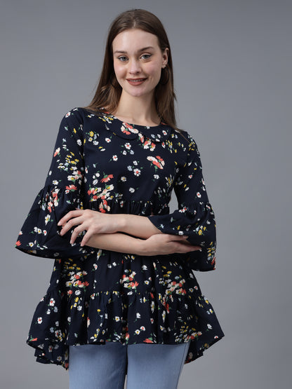 Navy Blue Printed Crepe Top