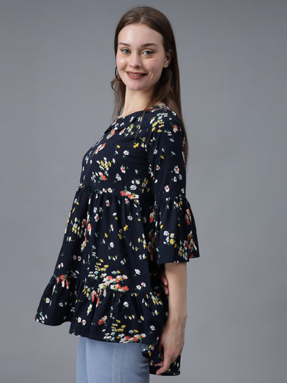 Navy Blue Printed Crepe Top