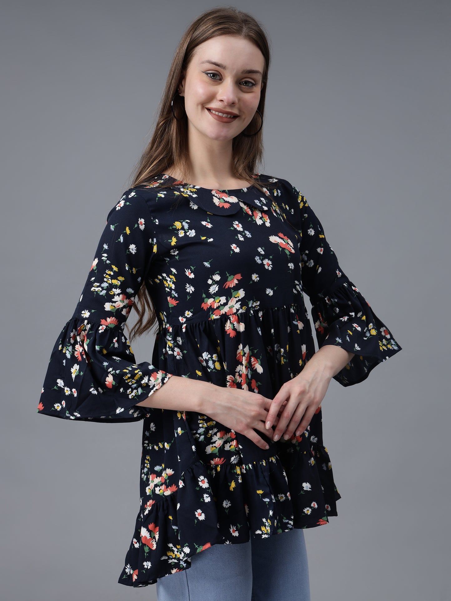 Navy Blue Printed Crepe Top