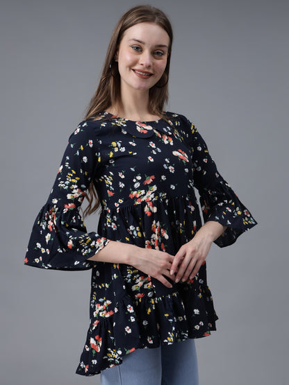 Navy Blue Printed Crepe Top