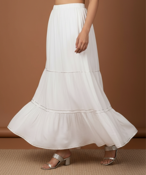 White Colour Embellished Cotton Skirt