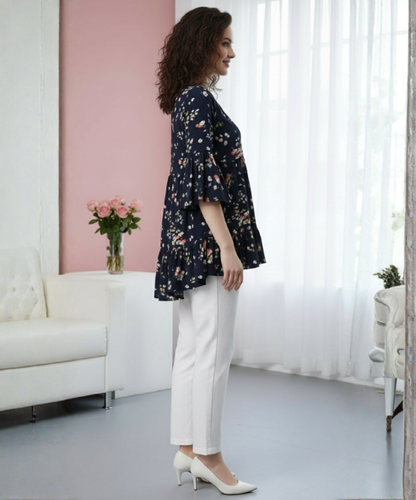 Navy Blue Printed Crepe Top