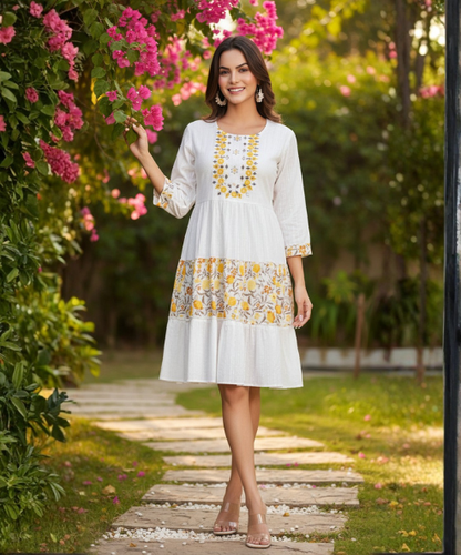 White Colour Embroidered Cambric Cotton Dress