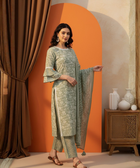 Green Colour Kurti Pant Dupatta Set