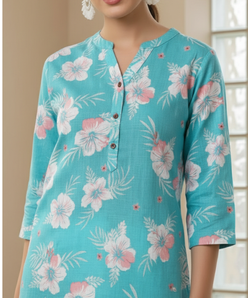 Turquoise Blue Printed Viscose Tunic Top