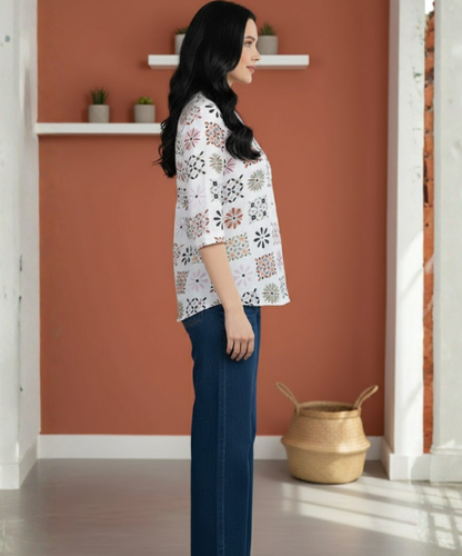 Off White Printed Viscose Tunic Top