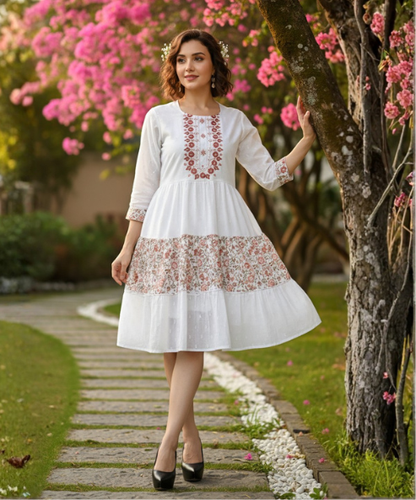 White Colour Embroidered Cambric Cotton Dress