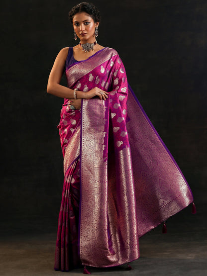 Magenta Woven Design Banarasi Silk Blend Saree With Unstitched Blouse Piece