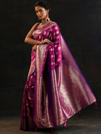 Magenta Woven Design Banarasi Silk Blend Saree With Unstitched Blouse Piece
