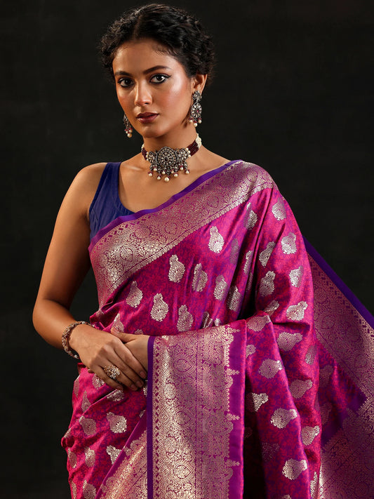 Magenta Woven Design Banarasi Silk Blend Saree With Unstitched Blouse Piece (Copy)
