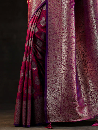 Magenta Woven Design Banarasi Silk Blend Saree With Unstitched Blouse Piece