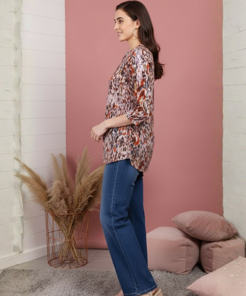 Brown Multi Colour Printed Viscose Tunic Top