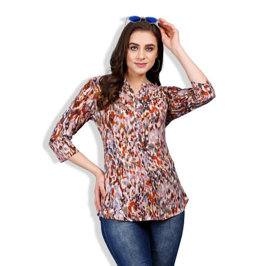 Brown Multi Colour Printed Viscose Tunic Top