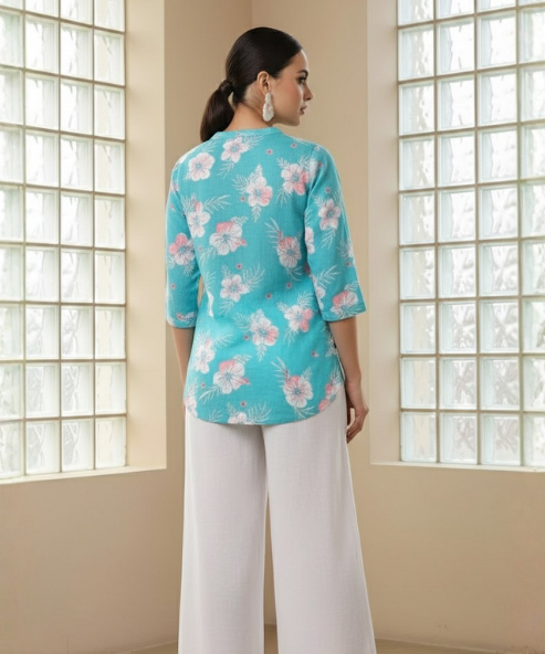 Turquoise Blue Printed Viscose Tunic Top