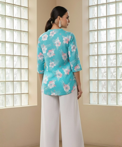 Turquoise Blue Printed Viscose Tunic Top