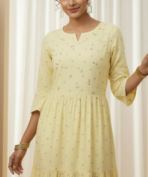 Yellow Colour Embellished  Cotton Dress